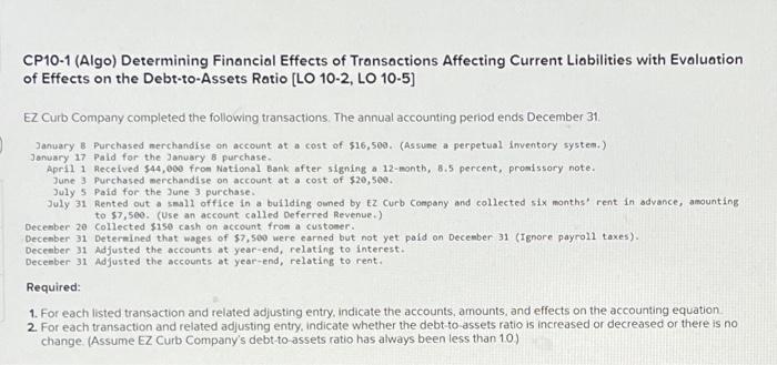 Solved CP10-1 (Algo) Determining Financial Effects of | Chegg.com