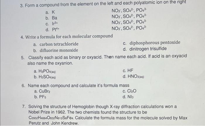 Solved 3. Form a compound from the element on the left and | Chegg.com