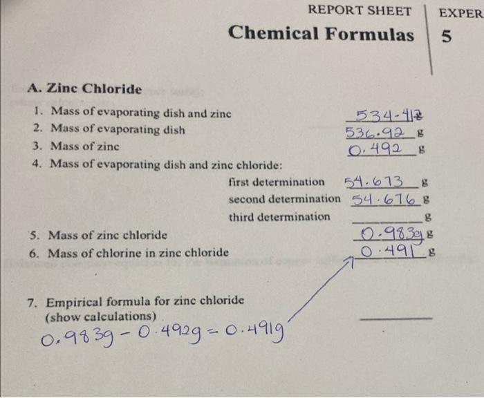Solved REPORT SHEET EXPER Chemical Formulas 5 A. Zinc