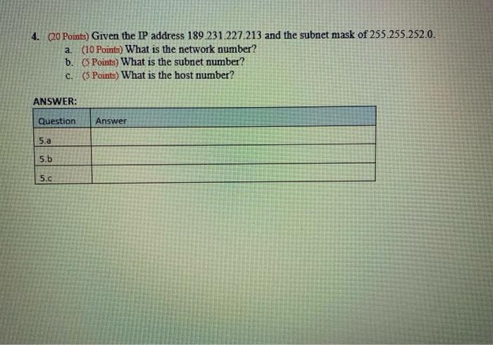 Solved 3. (20 Points) Given the class A network address | Chegg.com