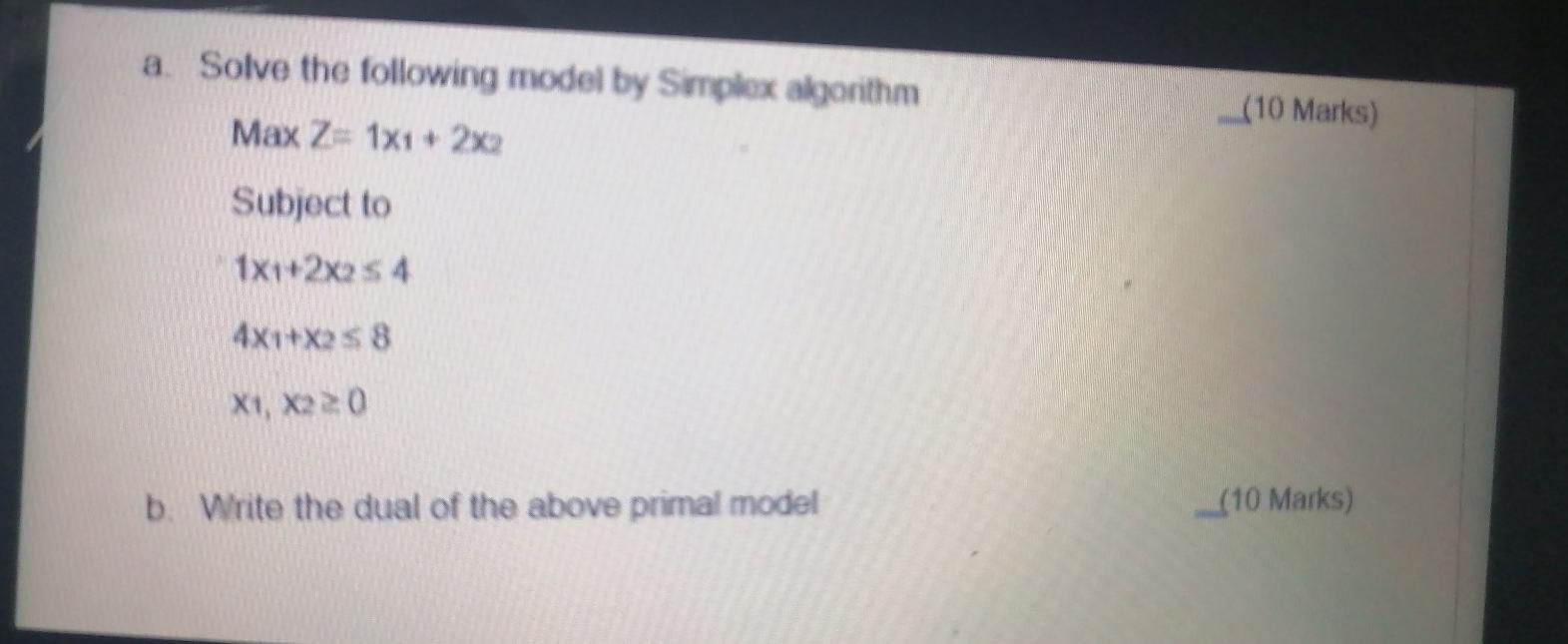 Solved a. Solve the following model by Simplex algorithm (10 | Chegg.com