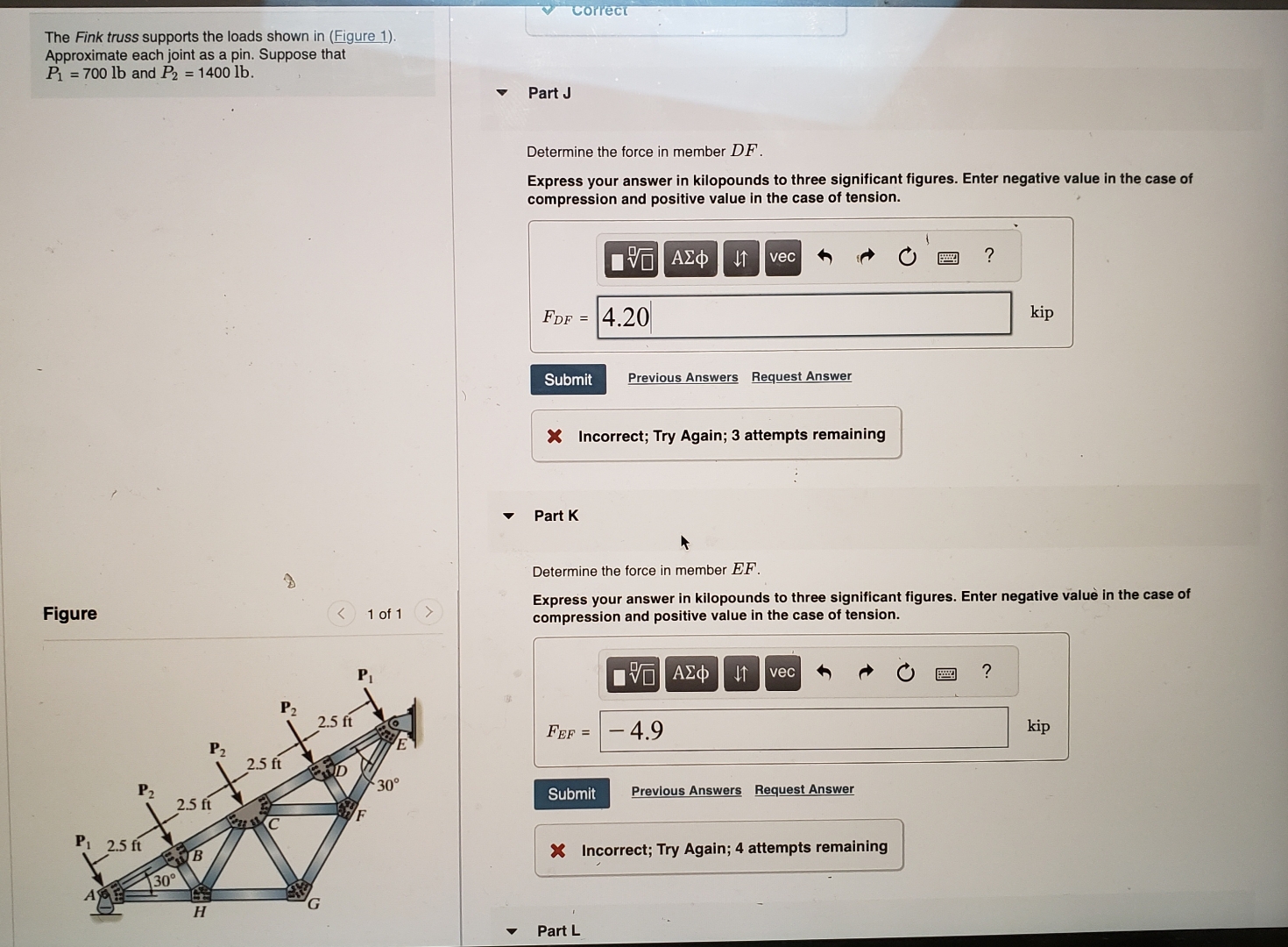 Solved The Fink Truss Supports The Loads Shown In (Figure | Chegg.com