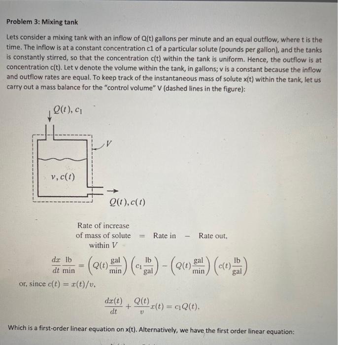 Problem 3: Mixing tank Lets consider a mixing tank | Chegg.com