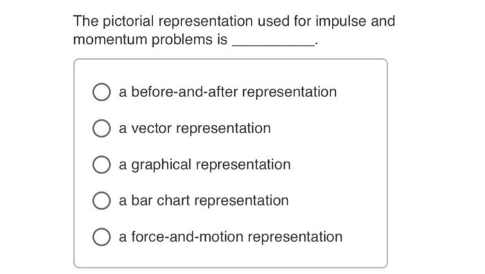 The pictorial representation used for impulse and momentum problems is
a before-and-after representation
a vector representat