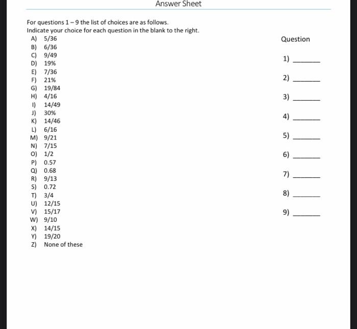 Solved Answer Sheet Question 1) 2) 3) 4) For questions 1 - 9 | Chegg.com