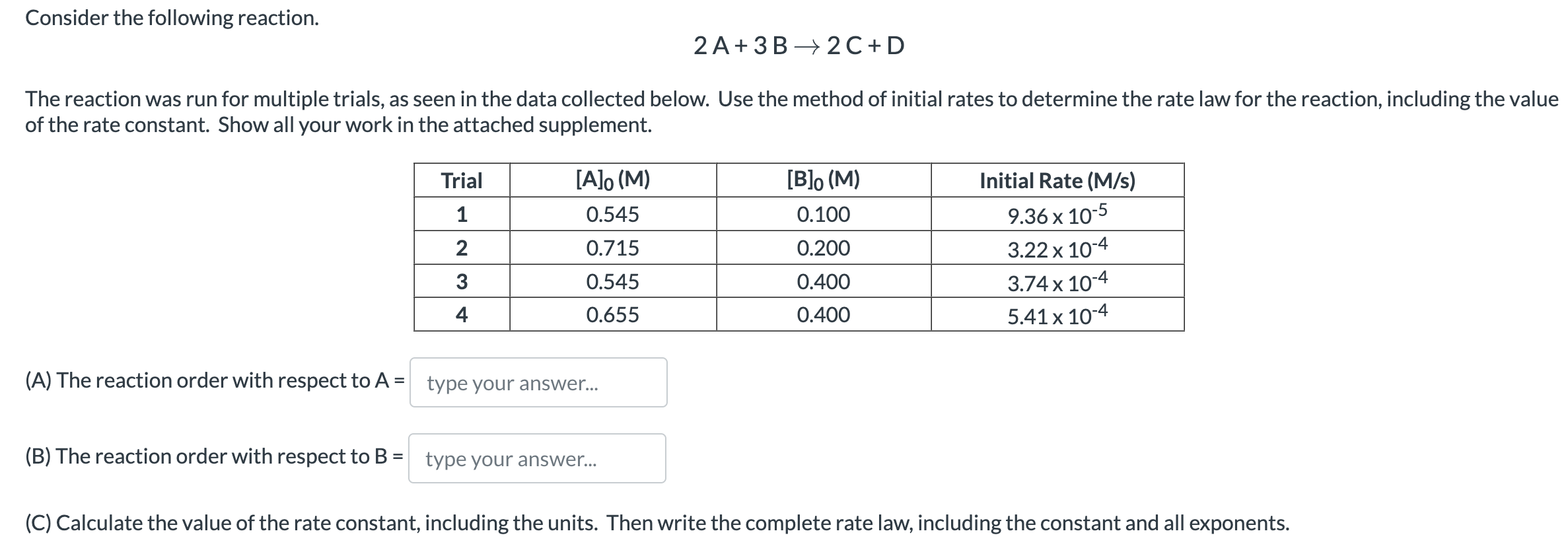 Solved Consider the following reaction.2A+3B→2C+DThe | Chegg.com