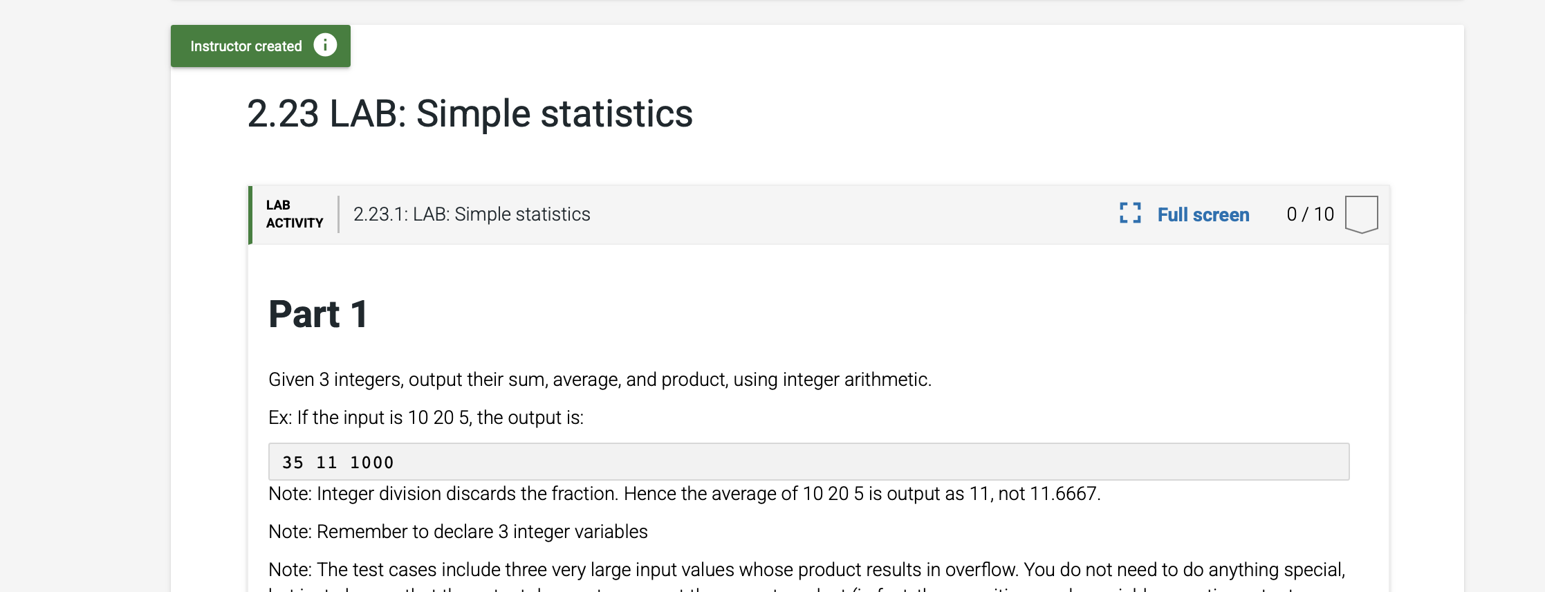 2.23 LAB: Simple statisticsPart 1Given 3 integers, | Chegg.com