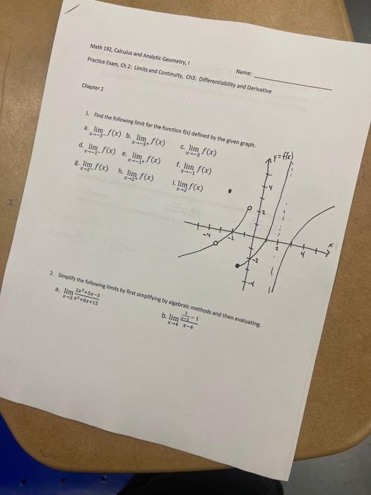 Math 192, Calculus and Analytic Geometry, I Practice | Chegg.com