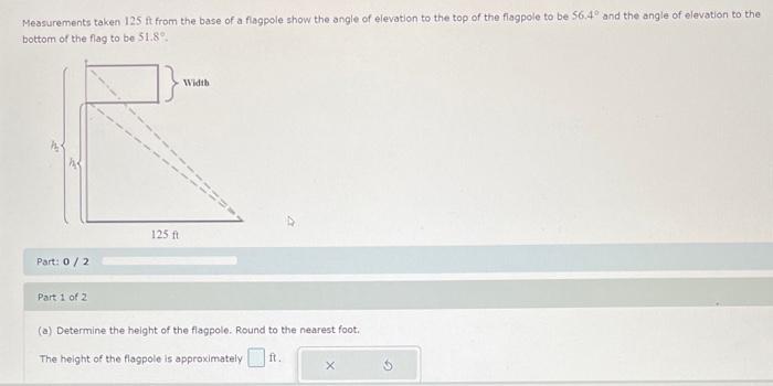 Measurements taken \( 125 \mathrm{ft} \) from the base of a flagpole show the angle of elevation to the top of the fiagpole t