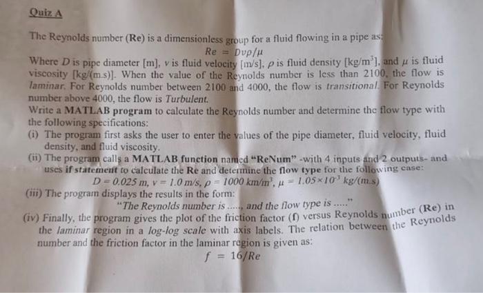 Solved The Reynolds number (Re) is a dimensionless group for | Chegg.com