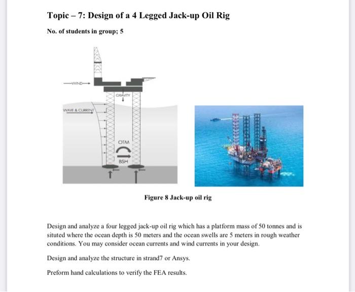 Topic - 7: Design of a 4 Legged Jack-up Oil Rig
No. of students in group; 5
WAVE & CURRENT
GRAVITY
OTM
BSH
Figure 8 Jack-up o