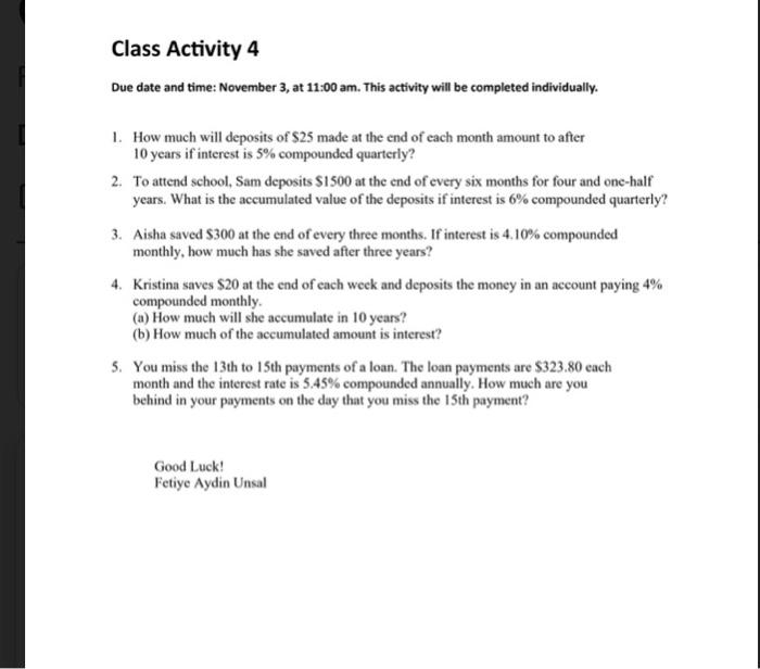 Class Activity 4 Due date and time: November 3, at | Chegg.com