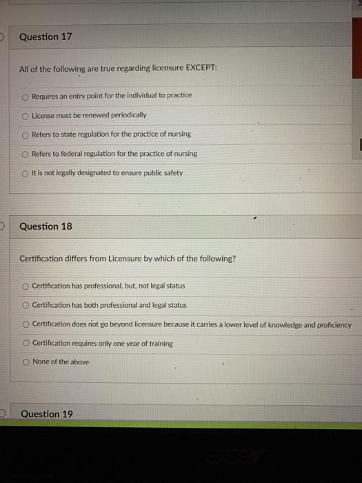 > Question 17 All of the following are true regarding licensure EXCEPT: O Requires an entry point for the individual to pract”></div>
</div>
</div>
<div class='code-block code-block-1' style='margin: 8px auto; text-align: center; display: block; clear: both;'>
<a href=