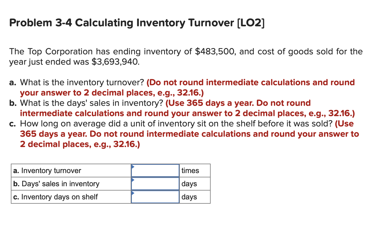 Solved Problem 3-4 ﻿Calculating Inventory Turnover [LO2]The | Chegg.com