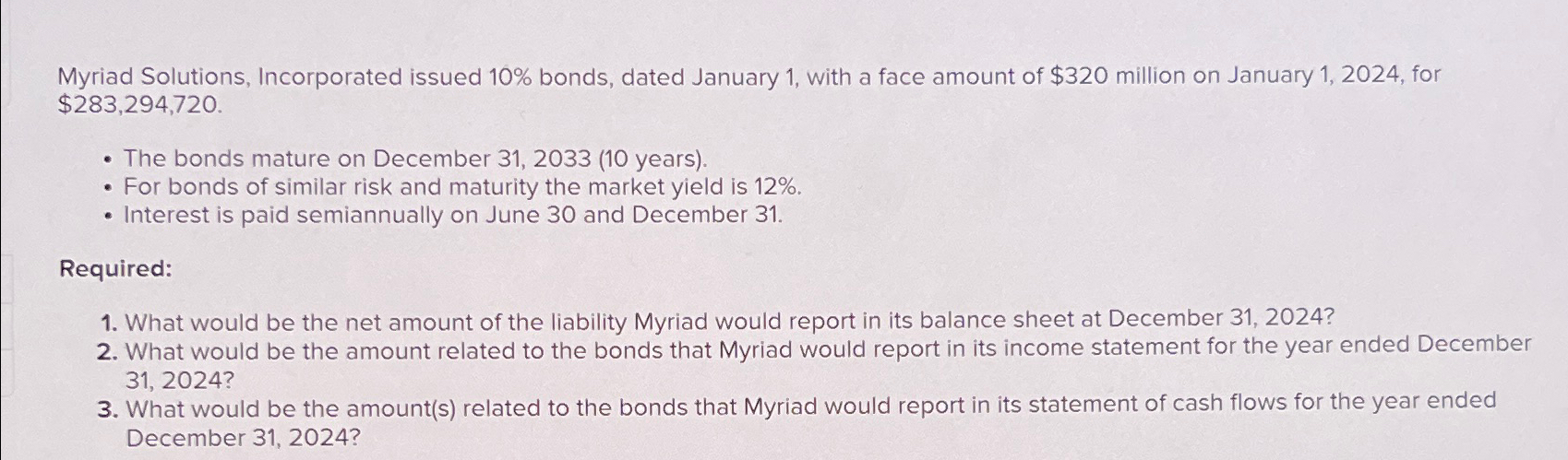 Solved Myriad Solutions, Incorporated issued 10% ﻿bonds, | Chegg.com