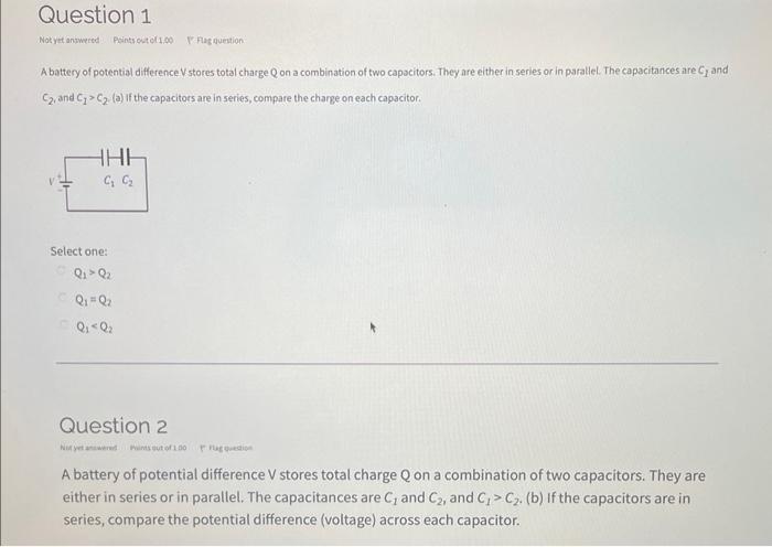 A battery of potential difference \( \mathrm{V} \) stores total charge \( \mathrm{Q} \) on a combination of two capacitors. T