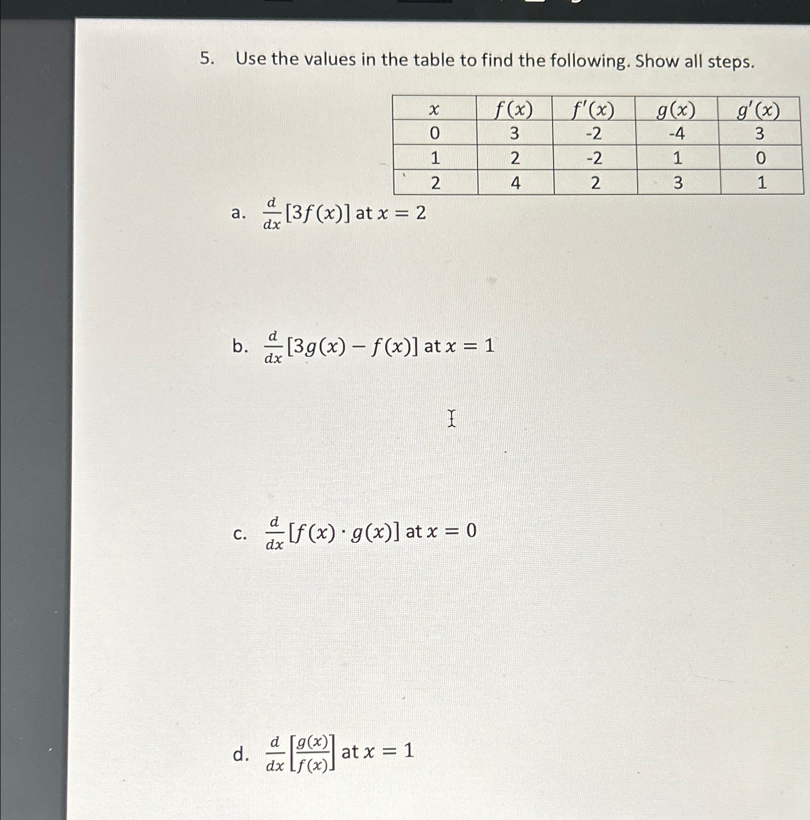 Solved Use the values in the table to find the following. | Chegg.com