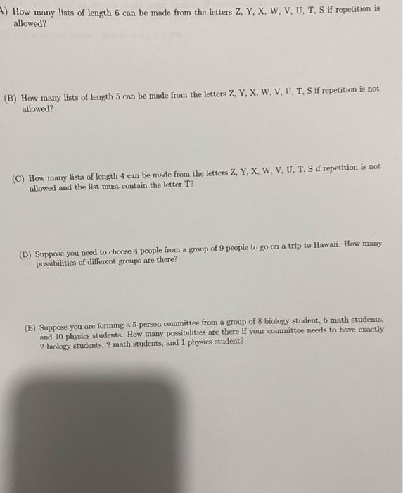 Solved 2 How Many Lists Of Length 6 Can Be Made From The Chegg Com