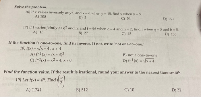 Solve The Problem 16 If X Varies Inversely As Y2 Chegg Com