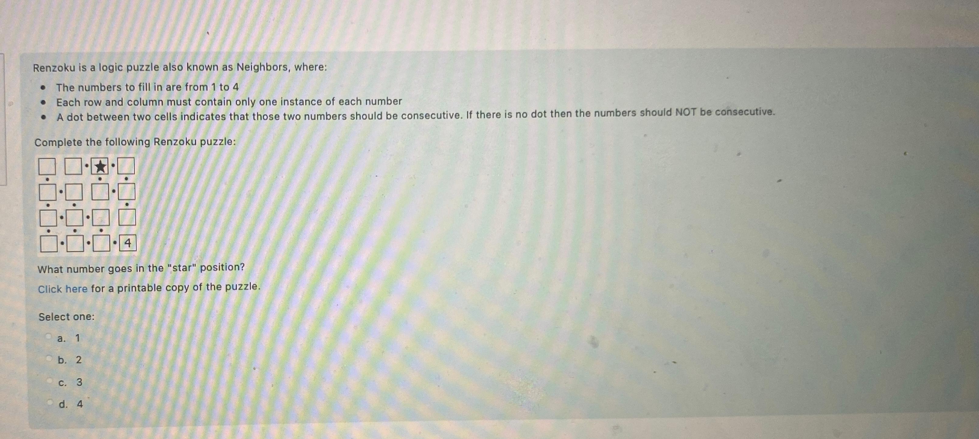 Solved Renzoku is a logic puzzle also known as Neighbors, | Chegg.com