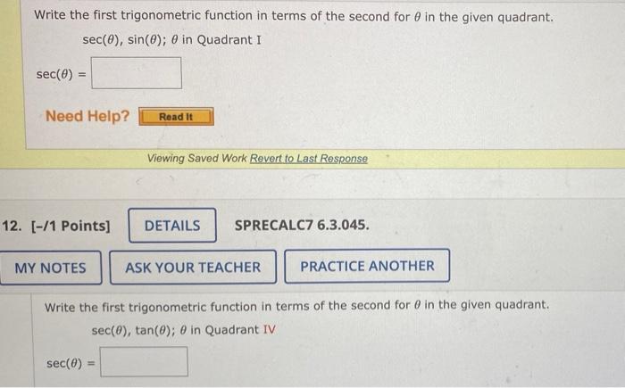 Solved Write the first trigonometric function in terms of | Chegg.com