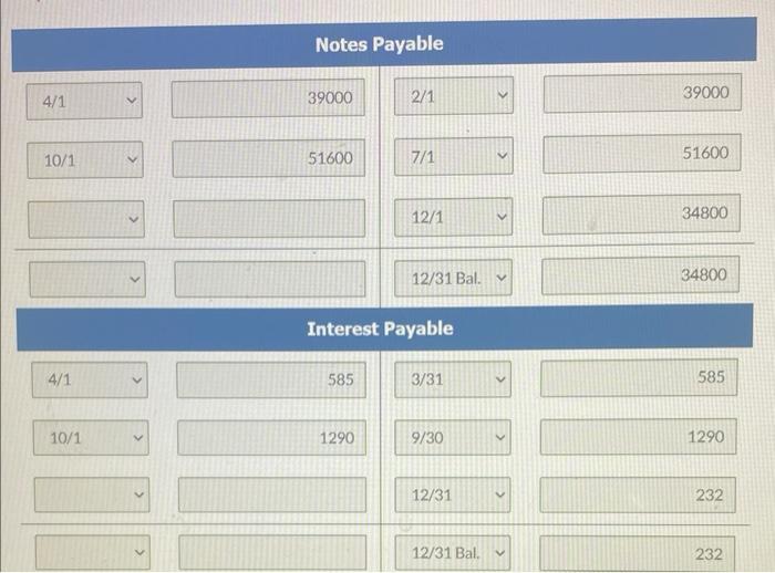 \begin{tabular}{|l|c|c|c|c|c|}
\hline Notes Payable \\
\hline \( 4 / 1 \) & & 39000 & \( 2 / 1 \) & 39000 \\
\hline \( 10 / 1