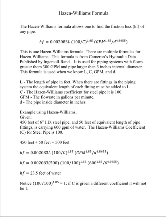 Solved TCM2234 NAME GIVEN GID PVC PIPE HAZENWILLIAMS C140