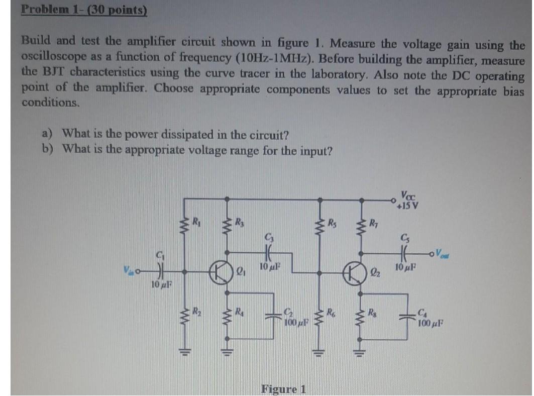 Build and test the amplifier circuit shown in figure 1. Measure the voltage gain using the oscilloscope as a function of freq