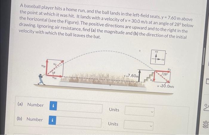 A baseball player hits a home run, and the ball lands in the left-field seats, \( y=7.60 \mathrm{~m} \) above the point at wh