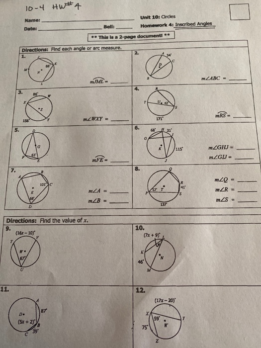 geometry unit 10 circles homework 5 inscribed angles