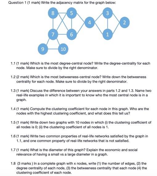 Question 1 (1 mark) Write the adjacency matrix for | Chegg.com