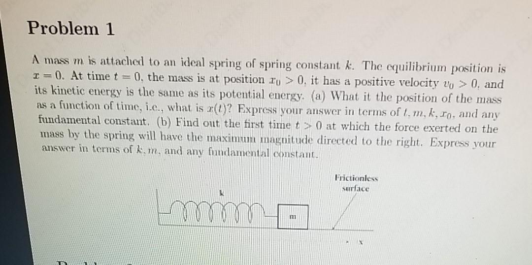 Solved Problem 1 A mass m is attached to an ideal spring of | Chegg.com