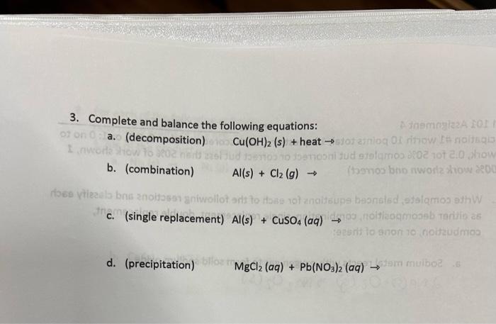 Solved 3. Complete and balance the following equations: a. | Chegg.com