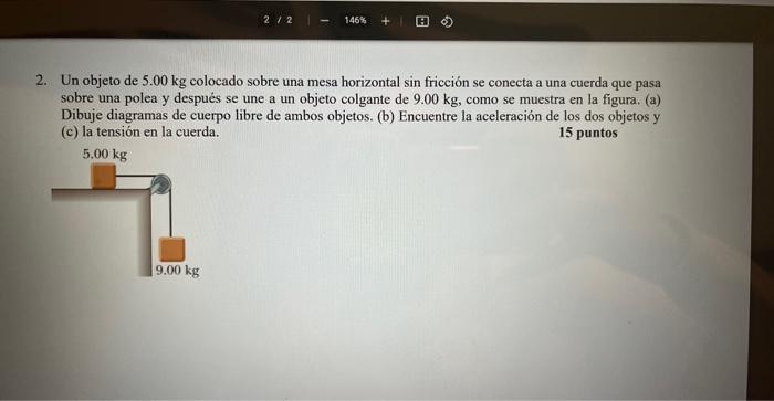 2. Un objeto de \( 5.00 \mathrm{~kg} \) colocado sobre una mesa horizontal sin fricción se conecta a una cuerda que pasa sobr