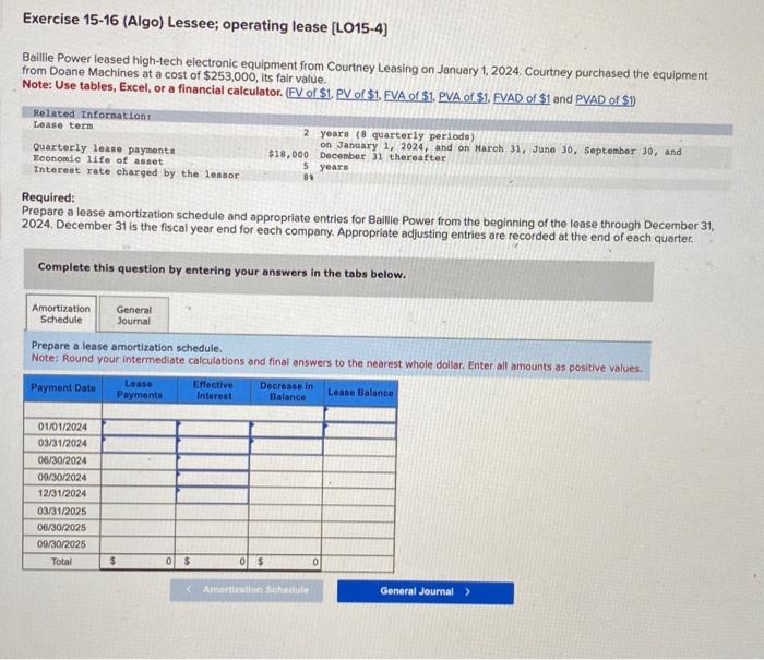 Solved Exercise 15-16 (Algo) Lessee; Operating Lease | Chegg.com