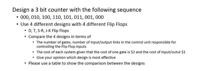 Solved Design a 3 bit counter with the following sequence - | Chegg.com