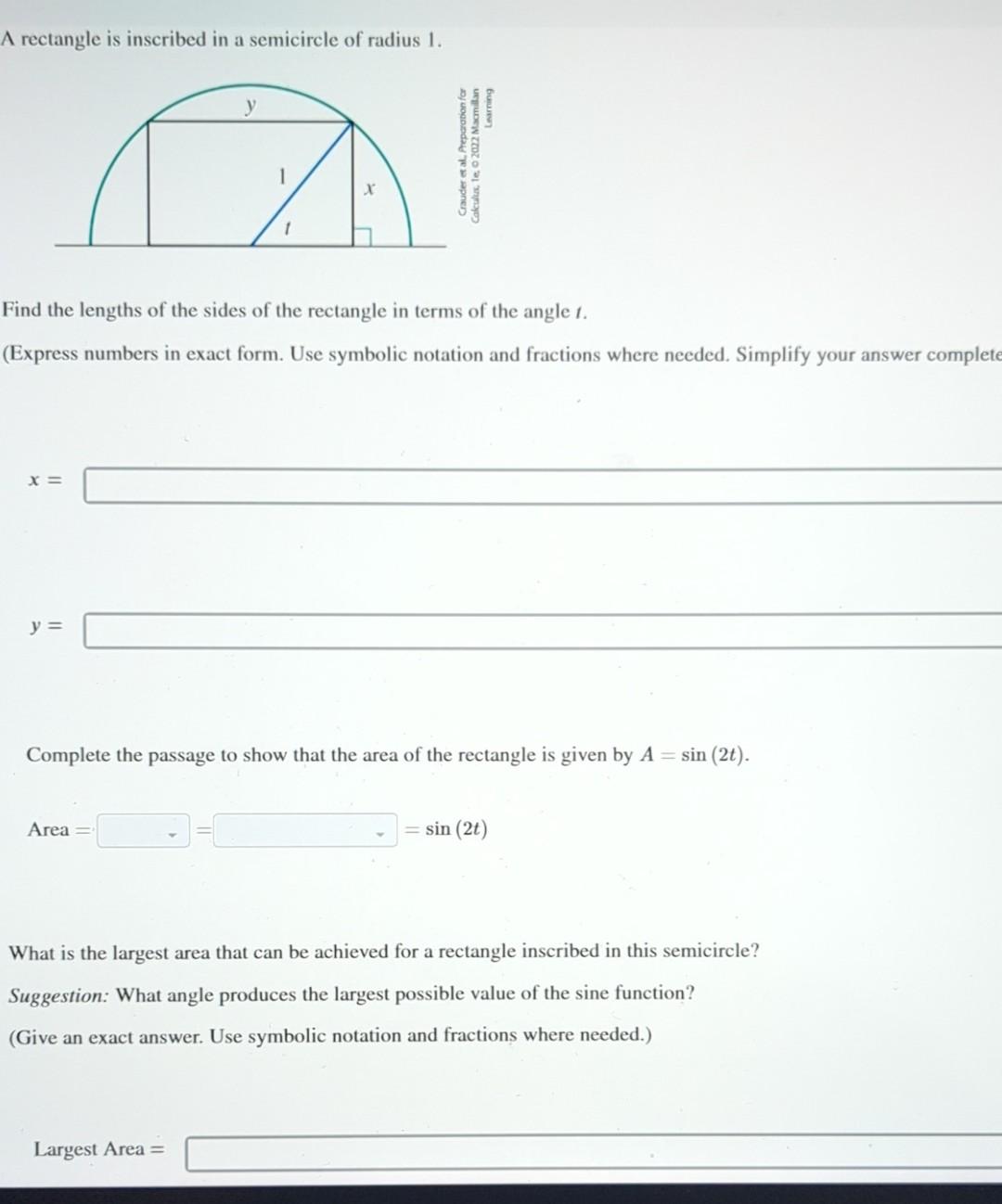 Solved A rectangle is inscribed in a semicircle of radius 1 | Chegg.com