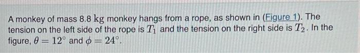 A monkey of mass \( 8.8 \mathrm{~kg} \) monkey hangs from a rope, as shown in (Figure 1). The tension on the left side of the