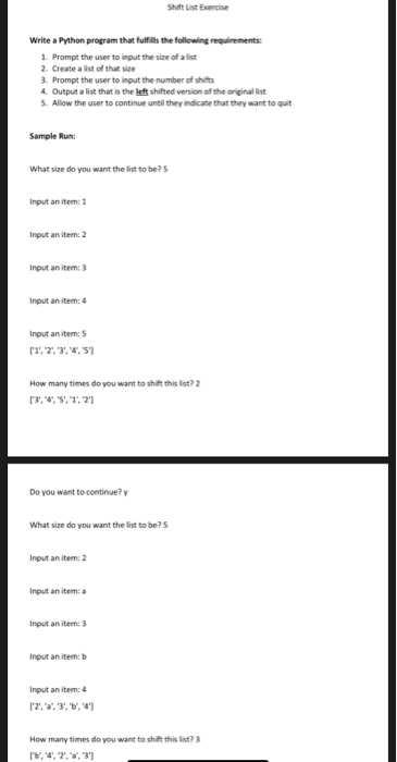 Solved Shift List Exercise Write a Python program that | Chegg.com