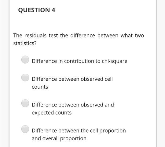 Solved QUESTION 4 The residuals test the difference between | Chegg.com