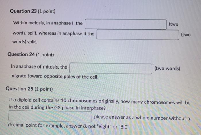 Question 23 (1 point) (two Within meiosis, in anaphase I, the words) split, whereas in anaphase ll the words) split. (two Que