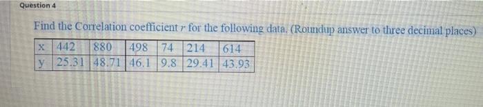 Solved Question 4 Find the Correlation coefficient r for the | Chegg.com