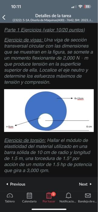 \( 10: 11 \) Detalles de la tarea (2322): 5-1A. Diseño de Máquinas(A00) - 7642, 5M: 2023, J... Parte 1 Ejercicios (valor 10/2