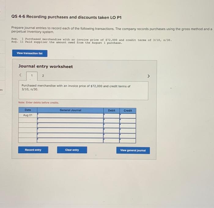 Solved QS 46 Recording purchases and discounts taken LO P1