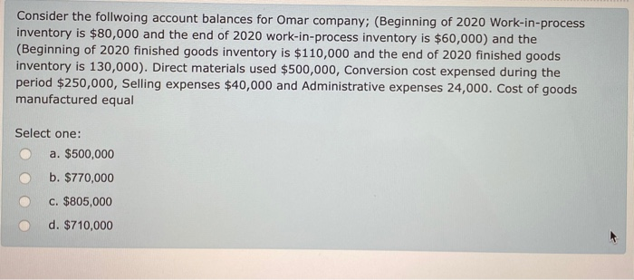 Consider the follwoing account balances for Omar company; (Beginning of 2020 Work-in-process inventory is $80,000 and the end