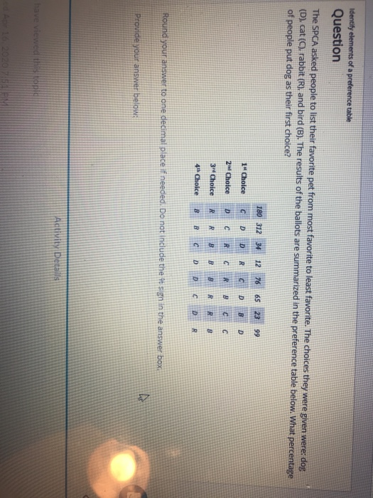 Solved Identify elements of a preference table Question The | Chegg.com