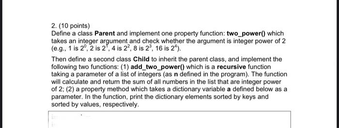 Solved 2. (10 points) Define a class Parent and implement | Chegg.com