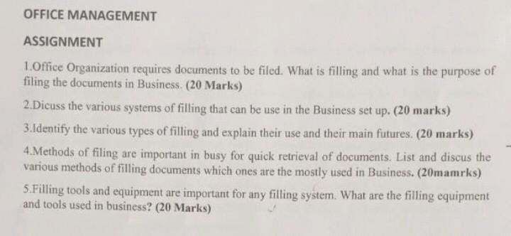 Solved OFFICE MANAGEMENT ASSIGNMENT 1. Office Organization | Chegg.com