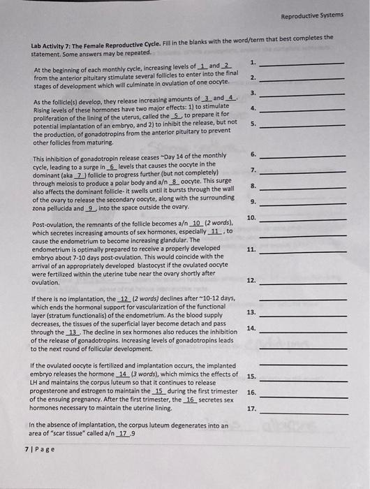 Solved Reproductive Systems Lab Activity 7: The Female | Chegg.com
