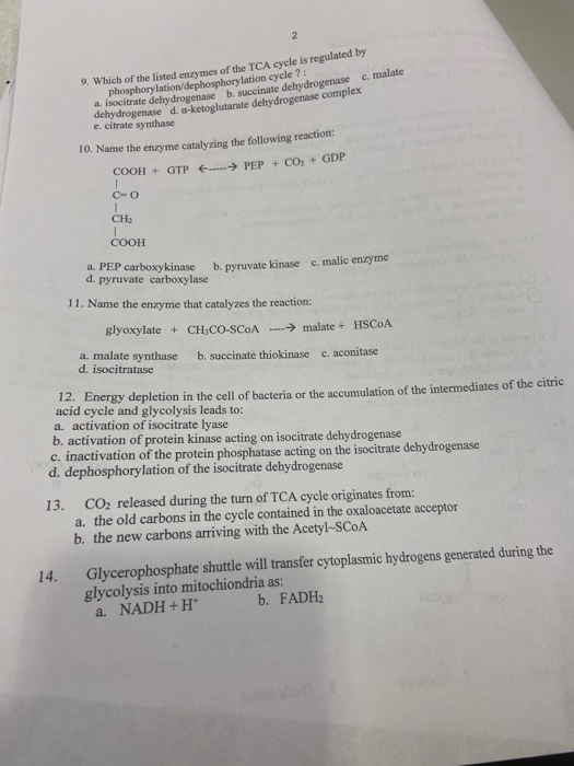 Solved 9. Which of the listed enzymes of the TCA cycle is | Chegg.com